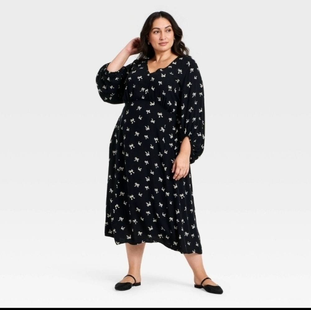 Ava & Viv Women's Bishop Long Sleeve Midi A-Line Dress, 3X - Black/Cream Bow